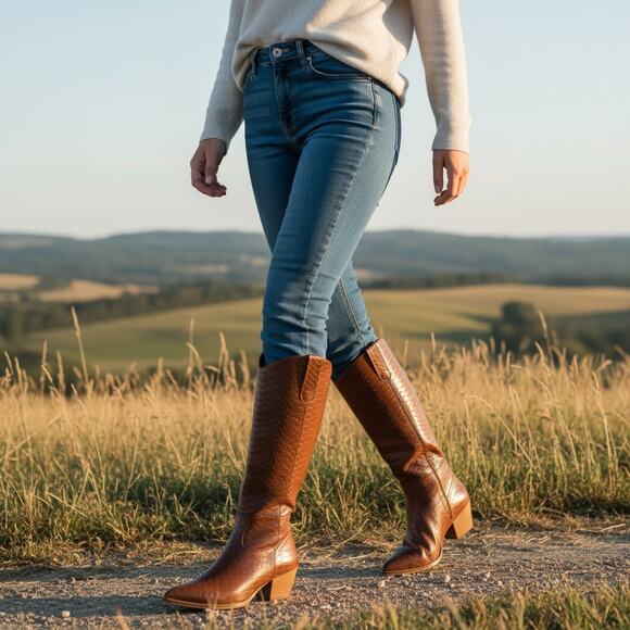 Matisse Bruna Tall Boots Womens 7.5 M Leather Tobacco Crocodile Texture Zipper - Picture 2 of 12